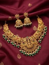 Antique Gold-Plated Goddess Lakshmi Temple Necklace & Jhumka Set | South Indian Bridal Jewellery - photo 1