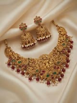 Antique Gold-Plated Lakshmi Temple Necklace Set with Peacock Motif & Jhumka Earrings | Kemp Stones Bridal Jewellery - photo 1