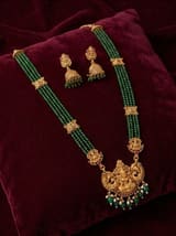 Emerald Green Lakshmi Crystal Bead Long Haram Rani Haar Set with Jhumkas - photo 2