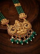Emerald Green Lakshmi Crystal Bead Long Haram Rani Haar Set with Jhumkas - photo 3