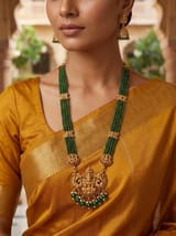 Emerald Green Lakshmi Crystal Bead Long Haram Rani Haar Set with Jhumkas - photo 4