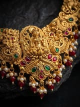 Antique Gold-Plated Lakshmi Temple Necklace Set with Peacock Motif & Jhumka Earrings | Kemp Stones Bridal Jewellery - photo 2