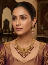 Antique Gold-Plated Lakshmi Temple Necklace Set with Peacock Motif & Jhumka Earrings | Kemp Stones Bridal Jewellery - photo 3