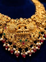 South Indian Antique Gold-Plated Lakshmi Necklace Set with Jhumkas | Temple Jewellery for Women - photo 2