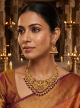 South Indian Antique Gold-Plated Lakshmi Necklace Set with Jhumkas | Temple Jewellery for Women - photo 3