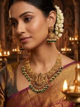 Antique Gold-Plated Goddess Lakshmi Temple Necklace & Jhumka Set | South Indian Bridal Jewellery - photo 3