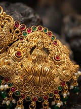 Gold Plated Lakshmi Temple Necklace Set with Matching Jhumkas | Antique Bridal Jewellery - photo 2