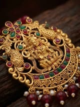 Crown Peacock Lakshmi Temple Pendant - Red Bead Chain - photo 2