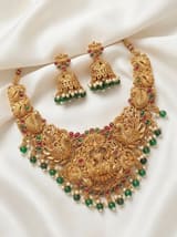 Gold Plated Lakshmi Temple Necklace Set with Matching Jhumkas | Antique Bridal Jewellery - photo 1