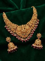 South Indian Antique Gold-Plated Lakshmi Necklace Set with Jhumkas | Temple Jewellery for Women - photo 1