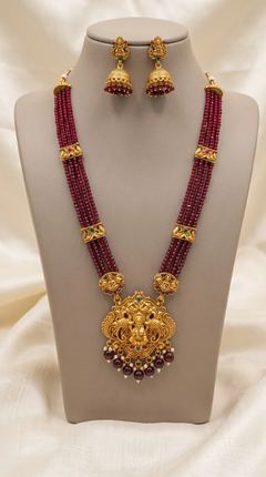 Round Lakshmi Crystal Bead Long Haram Rani Haar Set with Jhumkas - Maroon Beads - photo 1