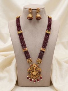 Ornate Lakshmi Crystal Bead Long Haram Rani Haar Set with Jhumkas - Maroon Beads - photo 1