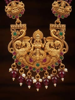 Twin Peacock Lakshmi Crystal Bead Long Haram Rani Haar Set with Jhumkas - Maroon Beads - photo 3