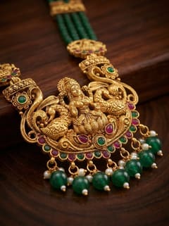 Twin Peacock Lakshmi Crystal Bead Long Haram Rani Haar Set with Jhumkas - Maroon Beads - photo 4