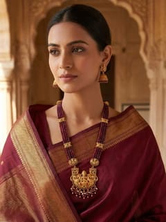 Twin Peacock Lakshmi Crystal Bead Long Haram Rani Haar Set with Jhumkas - Maroon Beads - photo 5