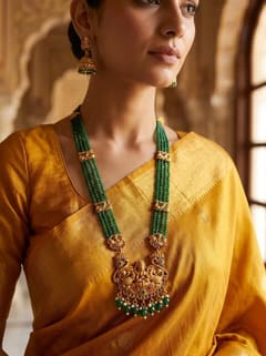 Twin Peacock Lakshmi Crystal Bead Long Haram Rani Haar Set with Jhumkas - Maroon Beads - photo 6