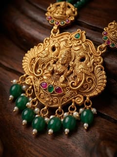 Round Lakshmi Crystal Bead Long Haram Rani Haar Set with Jhumkas - Maroon Beads - photo 2