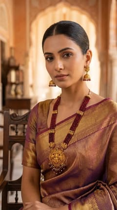 Round Lakshmi Crystal Bead Long Haram Rani Haar Set with Jhumkas - Maroon Beads - photo 3
