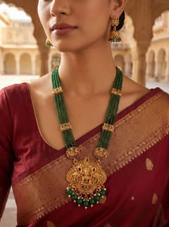 Round Lakshmi Crystal Bead Long Haram Rani Haar Set with Jhumkas - Maroon Beads - photo 4