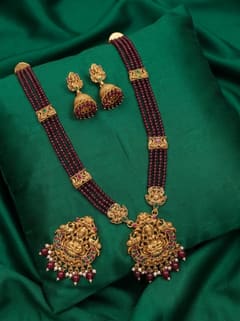 Ornate Lakshmi Crystal Bead Long Haram Rani Haar Set with Jhumkas - Maroon Beads - photo 2