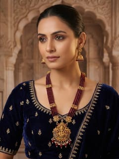 Ornate Lakshmi Crystal Bead Long Haram Rani Haar Set with Jhumkas - Maroon Beads - photo 5