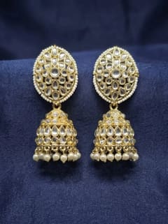 Oval Kundan Jhumka Earrings with Pearl Border - photo 3