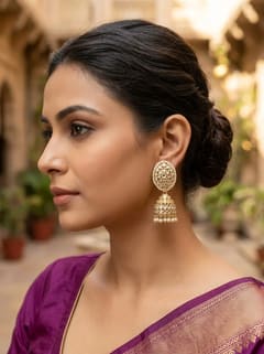 Oval Kundan Jhumka Earrings with Pearl Border - photo 4