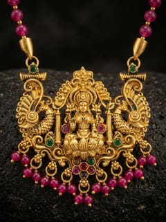 Peacock Arch Lakshmi Temple Pendant - Pink Bead Drops - photo 2