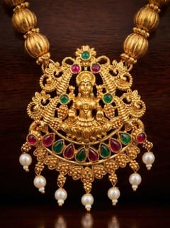 Lakshmi Temple Pendant - Gold-Tone Bead Chain, Pearl Drops - photo 2