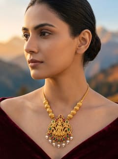 Ornate Peacock Arch Lakshmi Pendant - Gold-Tone Bead Chain - photo 4