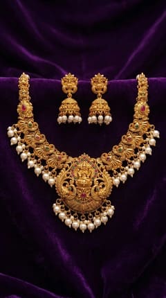 Lakshmi Peacock Temple Haar Necklace Set with Jhumkas - Gold-Tone Bead Drops - photo 2