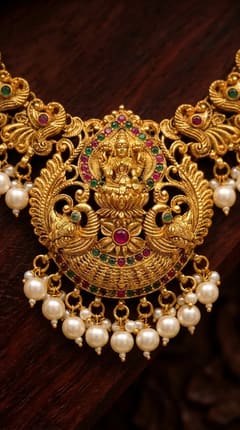 Lakshmi Peacock Temple Haar Necklace Set with Jhumkas - Gold-Tone Bead Drops - photo 3