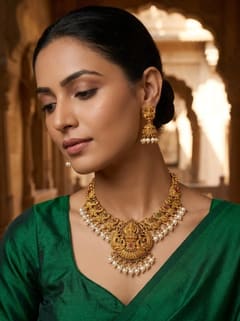 Lakshmi Peacock Temple Haar Necklace Set with Jhumkas - Gold-Tone Bead Drops - photo 4