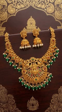 Lakshmi Floral Rosette Temple Haar Necklace Set with Jhumkas - Gold-Tone Bead Drops - photo 2