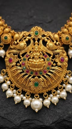 Lakshmi Floral Rosette Temple Haar Necklace Set with Jhumkas - Gold-Tone Bead Drops - photo 3