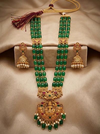 Peacock Yoke Lakshmi Bead Long Haram Rani Haar Set with Jhumkas - Green Beads