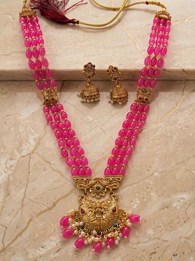 Floral Crest Lakshmi Bead Long Haram Rani Haar Set with Jhumkas - Pink Beads
