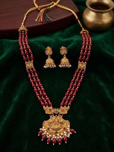 Scroll Yoke Lakshmi Bead Long Haram Rani Haar Set with Jhumkas - Maroon Beads