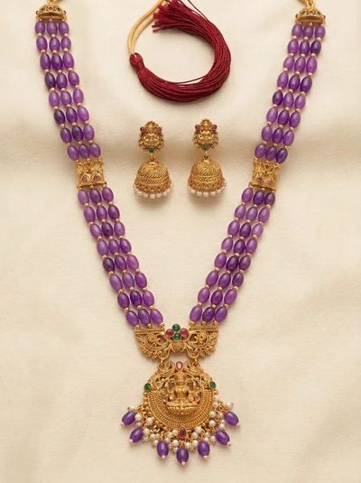 Ornate Yoke Lakshmi Bead Long Haram Rani Haar Set with Jhumkas - Purple Beads