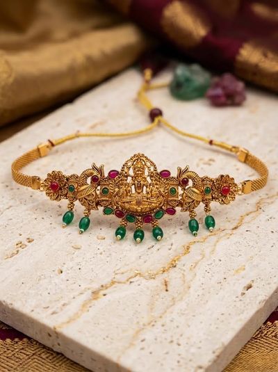 Peacock Lakshmi Temple Choker - Green Bead Drops