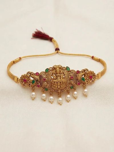 Lotus Arch Lakshmi Temple Choker - Pearl Drops
