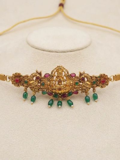 Twin Peacock Lakshmi Temple Choker - Emerald Bead Drops