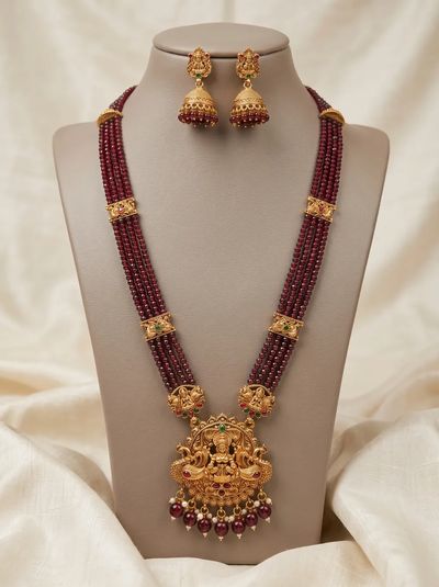 Peacock Lakshmi Crystal Bead Long Haram Rani Haar Set with Jhumkas - Maroon Beads