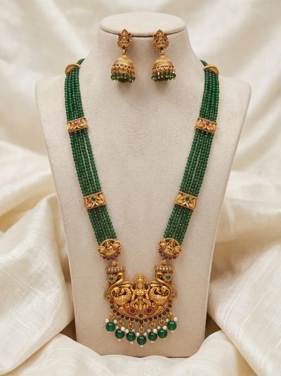 Twin Peacock Lakshmi Crystal Bead Long Haram Rani Haar Set with Jhumkas - Green Beads