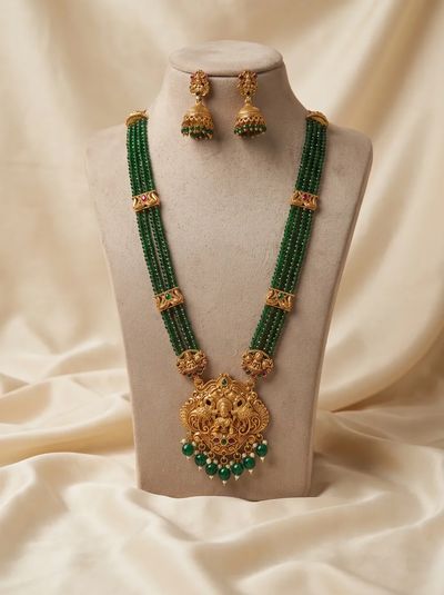 Round Lakshmi Crystal Bead Long Haram Rani Haar Set with Jhumkas - Green Beads