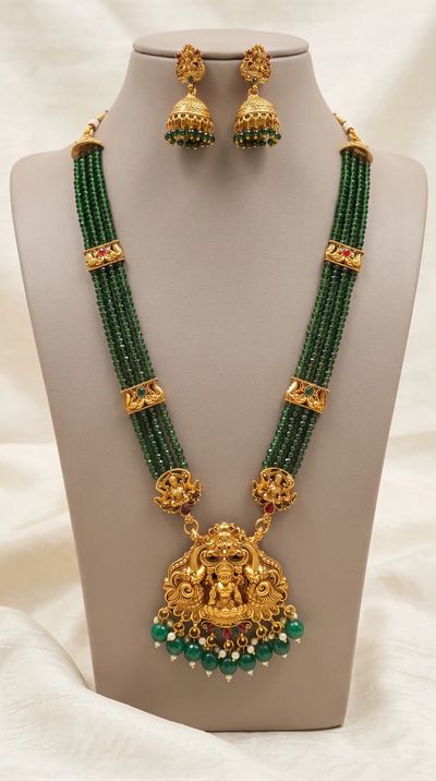 Compact Lakshmi Crystal Bead Long Haram Rani Haar Set with Jhumkas - Green Beads