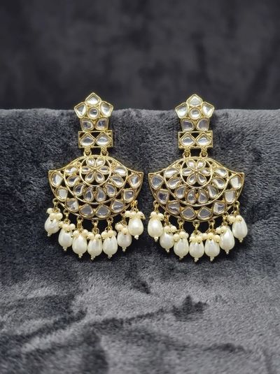 Kundan Fan Chandbali Earrings with Pearl Drops