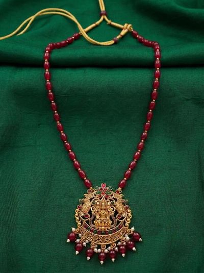 Crown Peacock Lakshmi Temple Pendant - Red Bead Chain