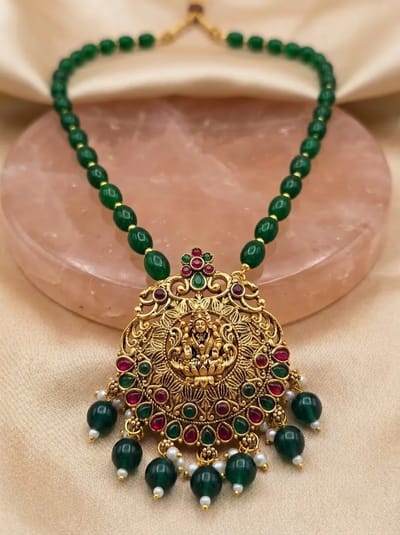 Round Medallion Lakshmi Temple Pendant - Green Bead Chain