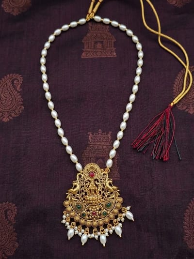 Twin Peacock Lakshmi Temple Pendant - Pearl Chain